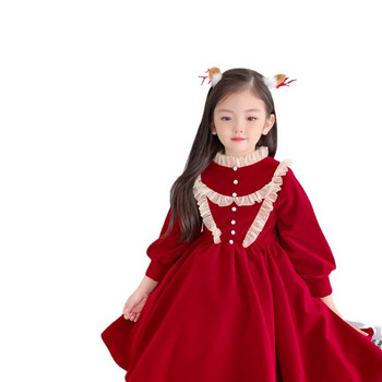 2023 зима есен Детски Детски дрехи за момичета Червени коледни тийнейджърски дантелени рокли на принцеса с дълъг ръкав 7 8 9 10 11 12 13 14 години
