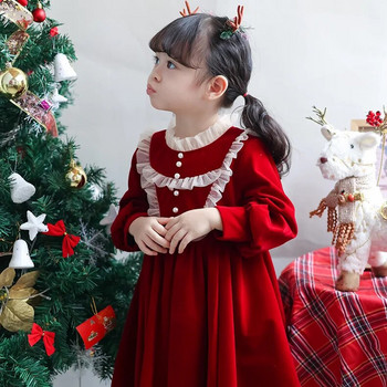 2023 зима есен Детски Детски дрехи за момичета Червени коледни тийнейджърски дантелени рокли на принцеса с дълъг ръкав 7 8 9 10 11 12 13 14 години