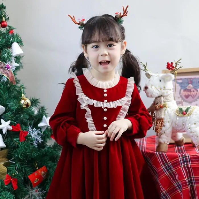 2023 talv sügis Laps Lapsed Tüdrukud Riided Punased Jõulud Teismeliste pikkade varrukatega pitsprintsess Kleidid 7 8 9 10 11 12 13 14 aastat