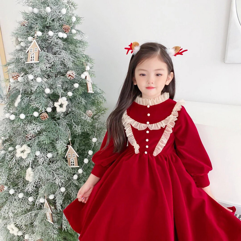 2023 talv sügis Laps Lapsed Tüdrukud Riided Punased Jõulud Teismeliste pikkade varrukatega pitsprintsess Kleidid 7 8 9 10 11 12 13 14 aastat