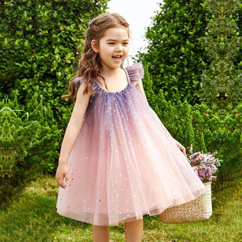 2023 г. Нова лятна рокля на принцеса с тиранти за момиче с волани Детска пачка с пайети Vestidos за парти за рожден ден за 3-8 години Елегантни рокли за момичета
