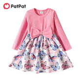 PatPat Toddler Mergaičių suknelė su briaunotomis lankstinukais dizaino gėlėtais lapeliais / drugeliais raštu sujungiamos suknelės ilgomis rankovėmis