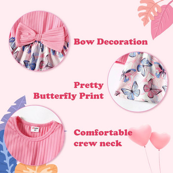 PatPat Φόρεμα για νήπια για κορίτσια με ραβδώσεις με ριμπ παπιγιόν Φόρεμα με λουλούδια με στάμπα με πεταλούδα μακρυμάνικα