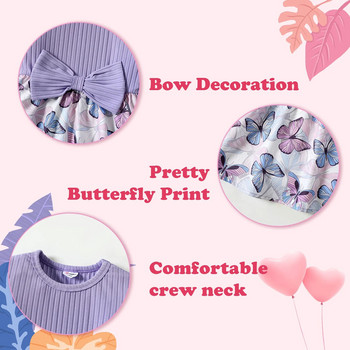 Рокля за момичета PatPat с оребрен бантик Дизайн на флорални листа/пеперуди с щампа Рокли с дълги ръкави