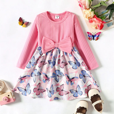 PatPat Toddler Mergaičių suknelė su briaunotomis lankstinukais dizaino gėlėtais lapeliais / drugeliais raštu sujungiamos suknelės ilgomis rankovėmis