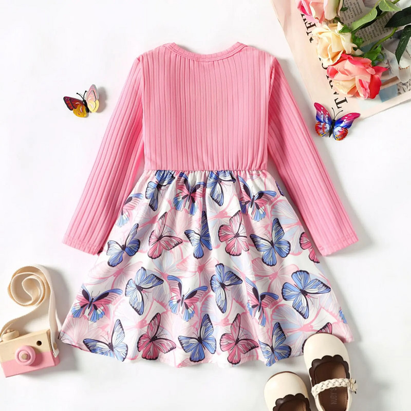 PatPat Toddler Mergaičių suknelė su briaunotomis lankstinukais dizaino gėlėtais lapeliais / drugeliais raštu sujungiamos suknelės ilgomis rankovėmis