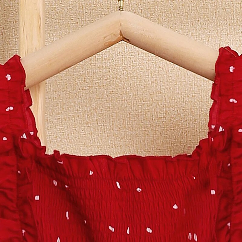 Καλοκαιρινά ρούχα για κορίτσια Αμάνικο φόρεμα Δαντέλα μανσέτα Φόρεμα τετράγωνο λαιμόκοψη πουά Πριγκίπισσα φούστα κομψό φόρεμα για πάρτι