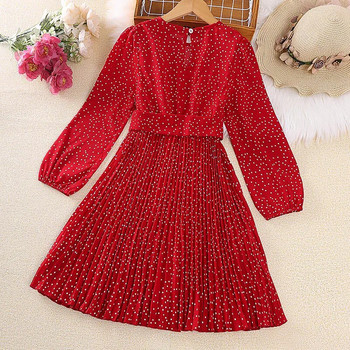 Рокля Детска рокля за момичета 8-12 години Плисирана рокля на червени точки с дълги ръкави за момичета Елегантна ваканционна празнична парти рокля