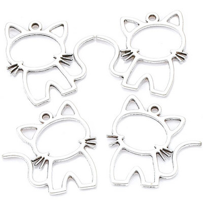15τμχ Κράμα ψευδαργύρου Filigree Stamping Pendants cat Hollow Metal Charms DIY κολιέ σκουλαρίκια Αξεσουάρ κοσμημάτων 27mmx25mm
