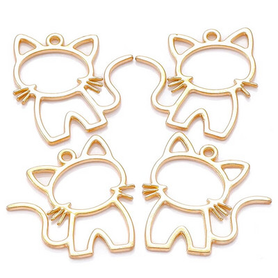 15τμχ Κράμα ψευδαργύρου Filigree Stamping Pendants cat Hollow Metal Charms DIY κολιέ σκουλαρίκια Αξεσουάρ κοσμημάτων 27mmx25mm