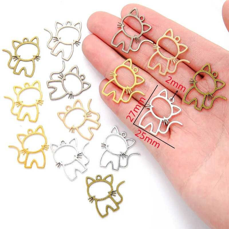 15τμχ Κράμα ψευδαργύρου Filigree Stamping Pendants cat Hollow Metal Charms DIY κολιέ σκουλαρίκια Αξεσουάρ κοσμημάτων 27mmx25mm