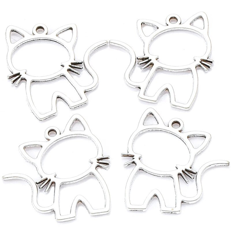 15τμχ Κράμα ψευδαργύρου Filigree Stamping Pendants cat Hollow Metal Charms DIY κολιέ σκουλαρίκια Αξεσουάρ κοσμημάτων 27mmx25mm