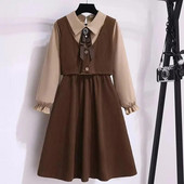 Mergaičių akademijos stiliaus suknelė rudeninė vidutinė didelė vaikiška atverčiama apykakle dirbtinė dviejų dalių marškiniai ilgomis rankovėmis vintažinė princesės suknelė