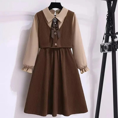 Mergaičių akademijos stiliaus suknelė rudeninė vidutinė didelė vaikiška atverčiama apykakle dirbtinė dviejų dalių marškiniai ilgomis rankovėmis vintažinė princesės suknelė