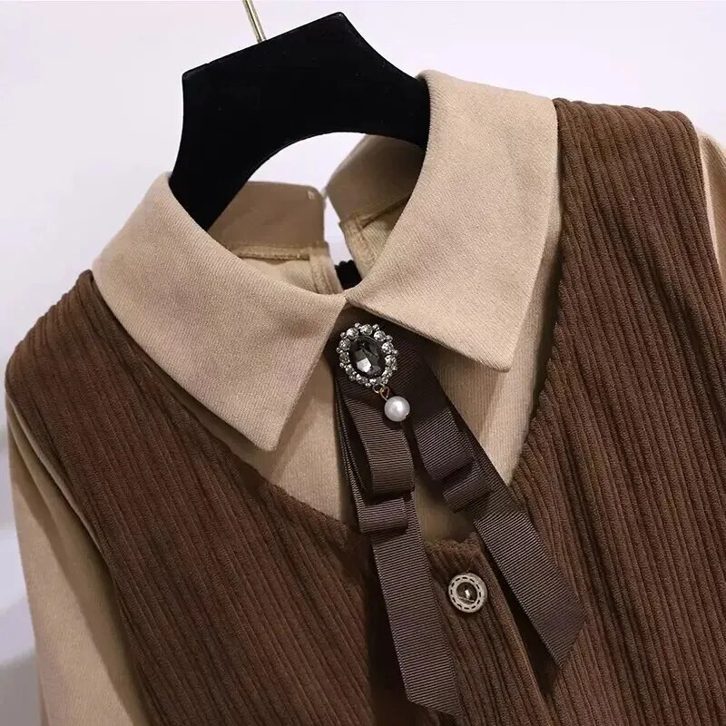 Mergaičių akademijos stiliaus suknelė rudeninė vidutinė didelė vaikiška atverčiama apykakle dirbtinė dviejų dalių marškiniai ilgomis rankovėmis vintažinė princesės suknelė