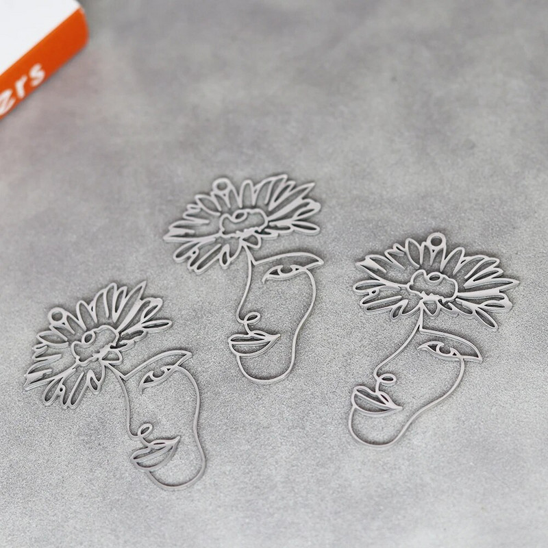 3 gab Lady Face Line Vintage Flower Charm Nerūsējošā tērauda kulons juvelierizstrādājumu izgatavošanai Kaklarota DIY Craft Auskari Sieviešu aksesuāri