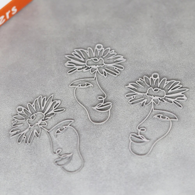 3 gab Lady Face Line Vintage Flower Charm Nerūsējošā tērauda kulons juvelierizstrādājumu izgatavošanai Kaklarota DIY Craft Auskari Sieviešu aksesuāri