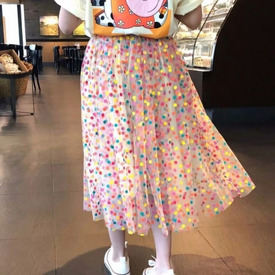 Παιδικές Διχτυωτές Φούστες 2023 Νέο Καλοκαιρινό Κορεάτικο Στιλ Ελαστική μέση Πολύχρωμη Πουά Πλισέ Παιδικές Φούστες Α σε γραμμή Α για κορίτσια