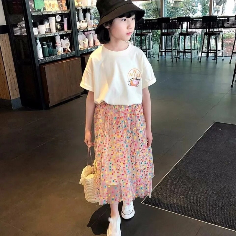 Παιδικές Διχτυωτές Φούστες 2023 Νέο Καλοκαιρινό Κορεάτικο Στιλ Ελαστική μέση Πολύχρωμη Πουά Πλισέ Παιδικές Φούστες Α σε γραμμή Α για κορίτσια