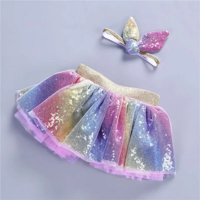 Vasara 0-8G Kids Girls TUTU Svārki Bērnu komplekts Varavīksnes sequin Bow Galvas saite Till Svārki Princeses Kostīms Mazuļu Apģērbi A349