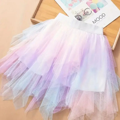 Mergaičių gradiento tiulio sijonas asimetriškas sijonas elastiniu juosmeniu, gimtadienio šokių princesės sijonas