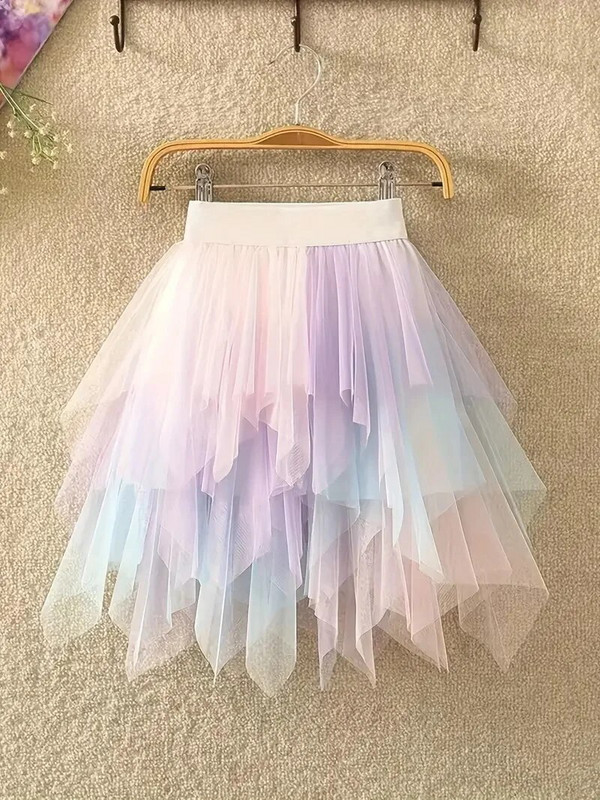 Mergaičių gradiento tiulio sijonas asimetriškas sijonas elastiniu juosmeniu, gimtadienio šokių princesės sijonas