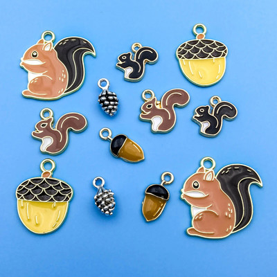 12 τμχ Γούρια από κράμα σμάλτου Dropping Oil Μικρά μενταγιόν σε σχήμα ζωικού σκίουρου και κουκουναριού για κοσμήματα Δημιουργία ευρημάτων Χειροτεχνία