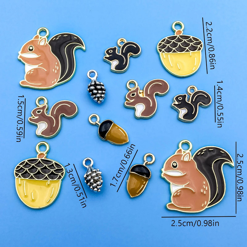 12 τμχ Γούρια από κράμα σμάλτου Dropping Oil Μικρά μενταγιόν σε σχήμα ζωικού σκίουρου και κουκουναριού για κοσμήματα Δημιουργία ευρημάτων Χειροτεχνία
