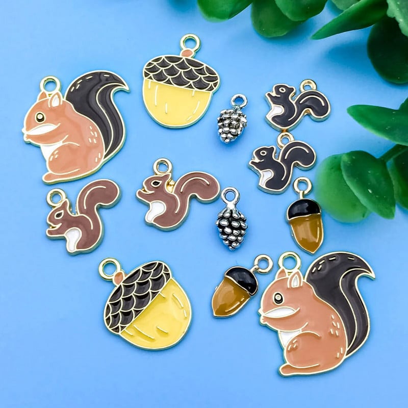 12 τμχ Γούρια από κράμα σμάλτου Dropping Oil Μικρά μενταγιόν σε σχήμα ζωικού σκίουρου και κουκουναριού για κοσμήματα Δημιουργία ευρημάτων Χειροτεχνία