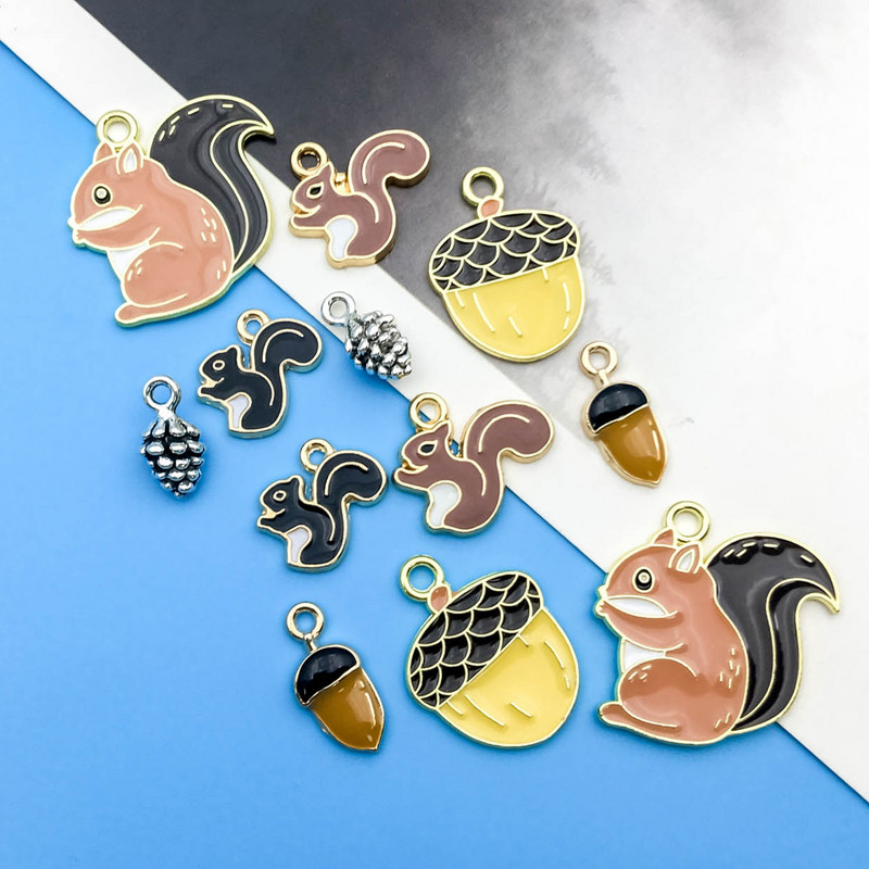 12 τμχ Γούρια από κράμα σμάλτου Dropping Oil Μικρά μενταγιόν σε σχήμα ζωικού σκίουρου και κουκουναριού για κοσμήματα Δημιουργία ευρημάτων Χειροτεχνία