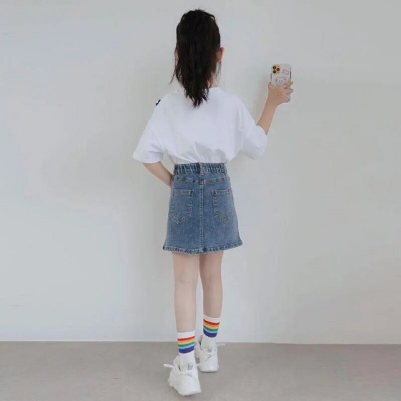 Παιδική τζιν φούστα για κορίτσια Ψηλόμεση φούστα σε γραμμή Α εξωτερικά ρούχα Νέα παιδικά εφηβικά σπαστά καουμπόικες φούστες 4 6 8 10 12 14