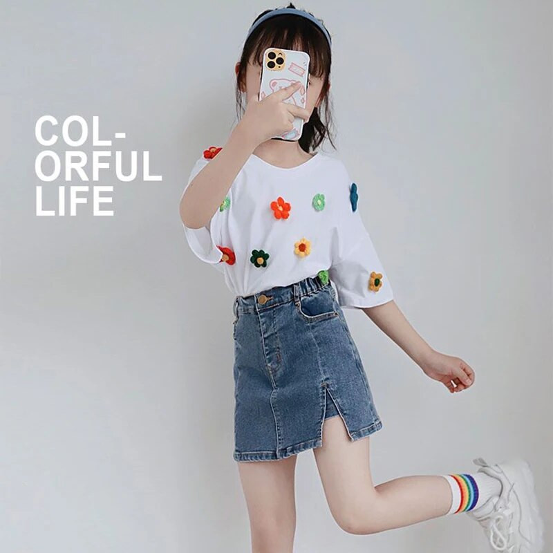 Παιδική τζιν φούστα για κορίτσια Ψηλόμεση φούστα σε γραμμή Α εξωτερικά ρούχα Νέα παιδικά εφηβικά σπαστά καουμπόικες φούστες 4 6 8 10 12 14