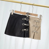 Vaikų mergaičių juodi PU odiniai sijonai cirkonio odiniai sijonai 2023 m. Nauji Vaikiški Smėlio spalvos Mieli Sijonai Paauglių mergaičių laisvalaikio sijonai