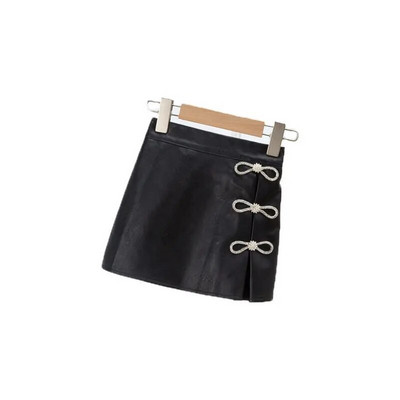 Vaikų mergaičių juodi PU odiniai sijonai cirkonio odiniai sijonai 2023 m. Nauji Vaikiški Smėlio spalvos Mieli Sijonai Paauglių mergaičių laisvalaikio sijonai