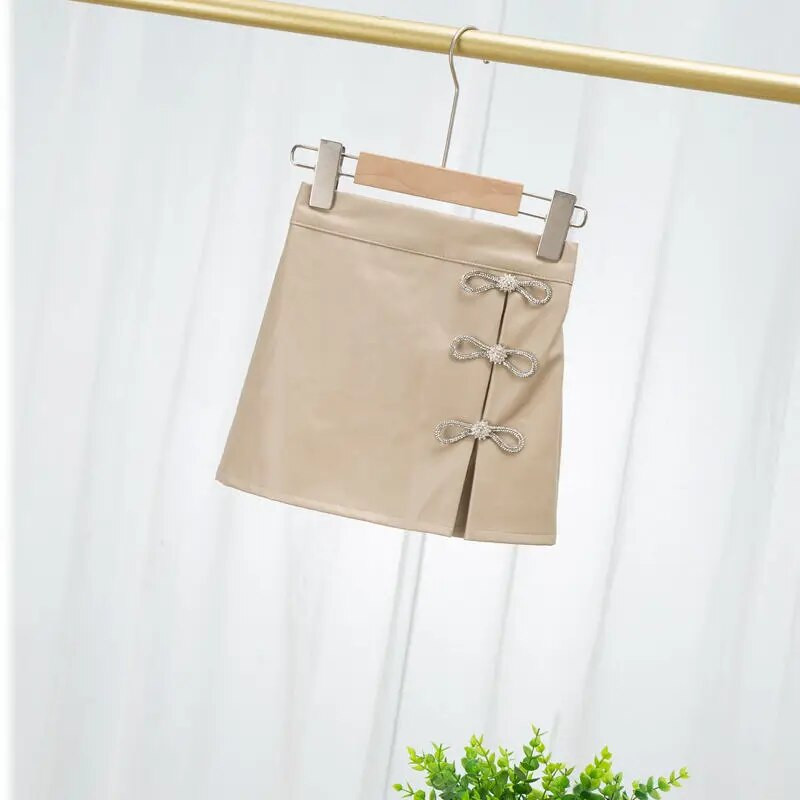 Vaikų mergaičių juodi PU odiniai sijonai cirkonio odiniai sijonai 2023 m. Nauji Vaikiški Smėlio spalvos Mieli Sijonai Paauglių mergaičių laisvalaikio sijonai