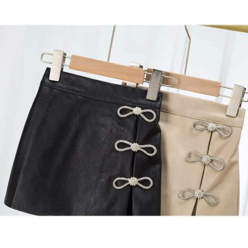 Vaikų mergaičių juodi PU odiniai sijonai cirkonio odiniai sijonai 2023 m. Nauji Vaikiški Smėlio spalvos Mieli Sijonai Paauglių mergaičių laisvalaikio sijonai