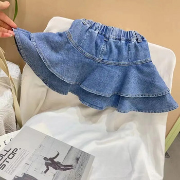 Дънкова къса пола за момичета 2023 Пролет Лято Нова корейска детска мода Полупола с волани Бебешка къса пола за малки момичета