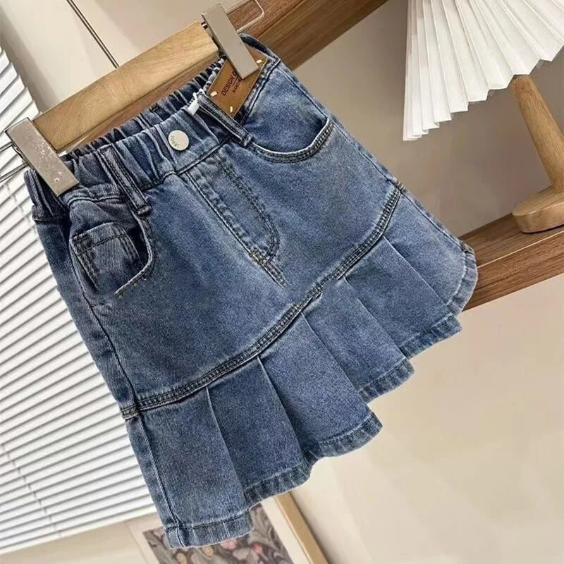 Vaikiškas džinsinis sijonas mergaitei laisvalaikio džinsiniai klostuoti sijonai vasariniai kūdikių vasariniai kūdikių drabužiai 2024 m. Nauji 3–12 m.