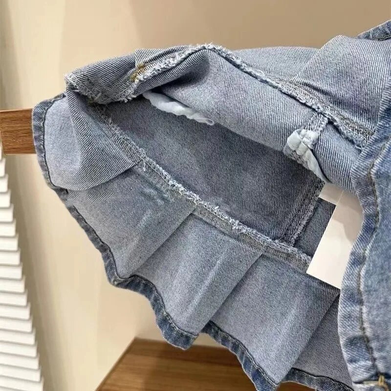 Vaikiškas džinsinis sijonas mergaitei laisvalaikio džinsiniai klostuoti sijonai vasariniai kūdikių vasariniai kūdikių drabužiai 2024 m. Nauji 3–12 m.