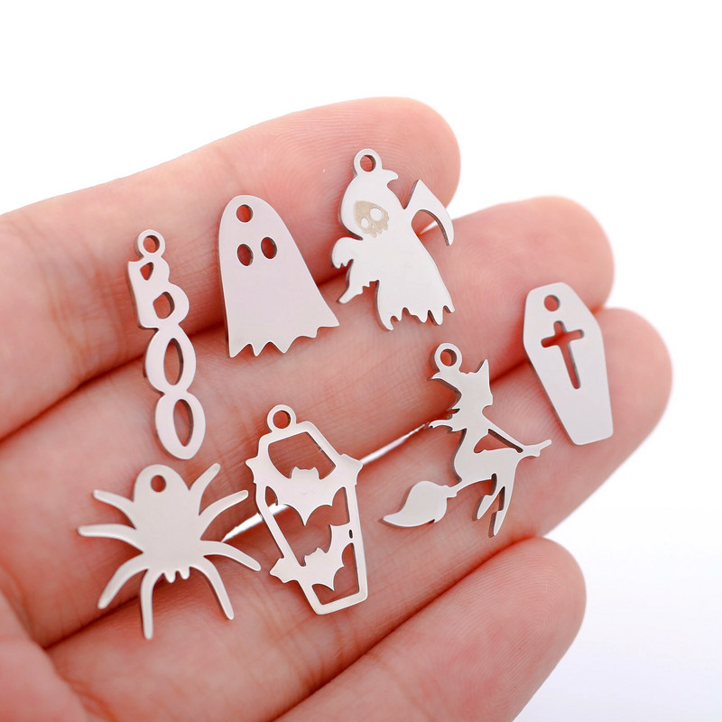 5 tk / partii õõnsad Halloweeni teemalised amuletid roostevabast terasest pealuu / kõrvits / vampiiri nahkhiir / nõid / ämblik / kummitusripatsid ehete valmistamiseks