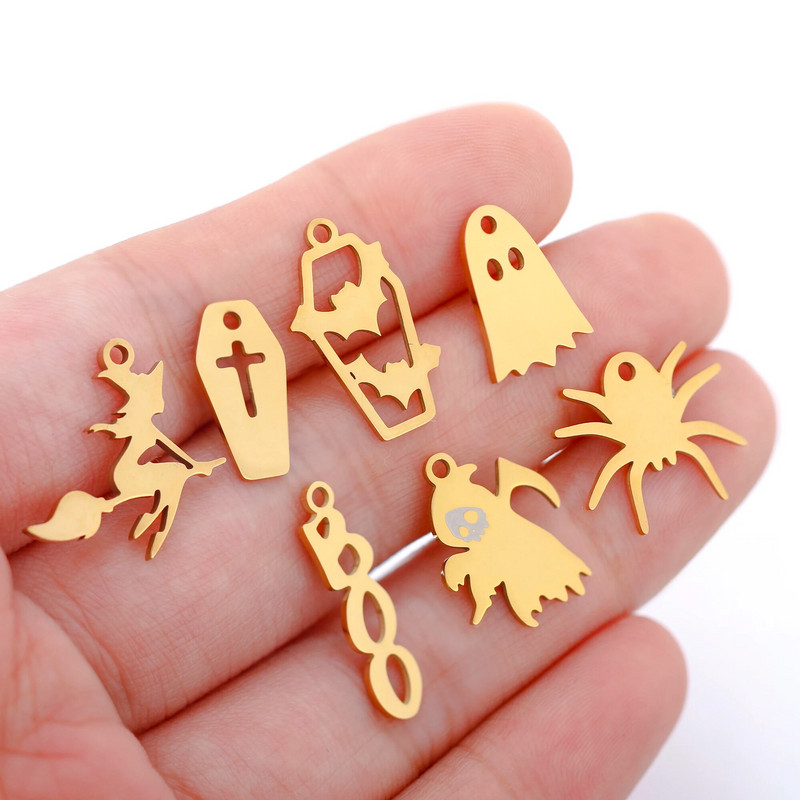 5 tk / partii õõnsad Halloweeni teemalised amuletid roostevabast terasest pealuu / kõrvits / vampiiri nahkhiir / nõid / ämblik / kummitusripatsid ehete valmistamiseks