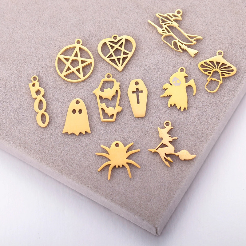 5 tk / partii õõnsad Halloweeni teemalised amuletid roostevabast terasest pealuu / kõrvits / vampiiri nahkhiir / nõid / ämblik / kummitusripatsid ehete valmistamiseks