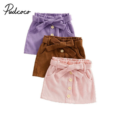 Ежедневна къса пола с A-силует за момичета, едноцветна рокля с копчета и джобове с еластична талия, кафяво/лилаво/розово 1-6T