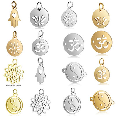 5pcs/lot Yoga Om DIY Charms Wholesale Stainless Steel Sun Chinese Yin Yang Good Luck Pendant Hamsa Hand Amulet Connectors Charm