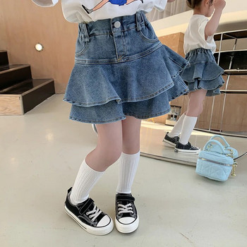 Детско облекло Пола за момичета Корейски стил Сладко готино момиче Деним Плисирана къса пола 2023 Пролет Лято Фалшива пола от две части