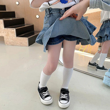 Детско облекло Пола за момичета Корейски стил Сладко готино момиче Деним Плисирана къса пола 2023 Пролет Лято Фалшива пола от две части