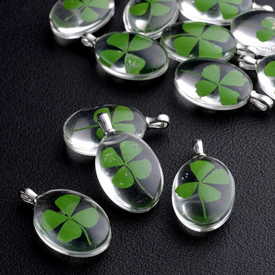 3Pcs Clear Oval Acrylic Pressed Lucky Clover Petal Buckle Charms Resin Preserved Fresh Dried Flowers Pendants for Jewelry Making