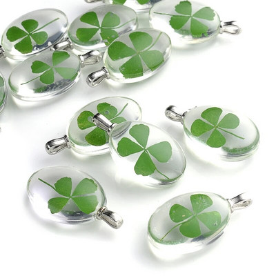 3 tk. Läbipaistev ovaalne akrüülist pressitud Lucky Clover kroonleht Pandlaga vaiguga konserveeritud värsked kuivatatud lilled ripatsid ehete valmistamiseks