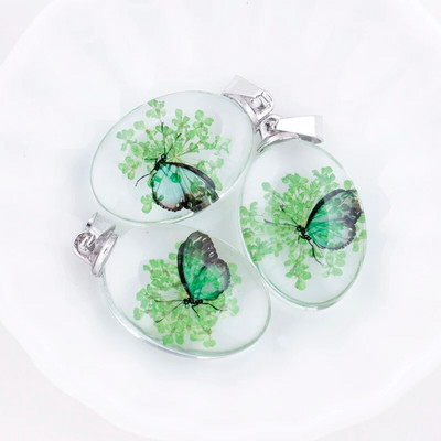 3 tk. Läbipaistev ovaalne akrüülist pressitud Lucky Clover kroonleht Pandlaga vaiguga konserveeritud värsked kuivatatud lilled ripatsid ehete valmistamiseks