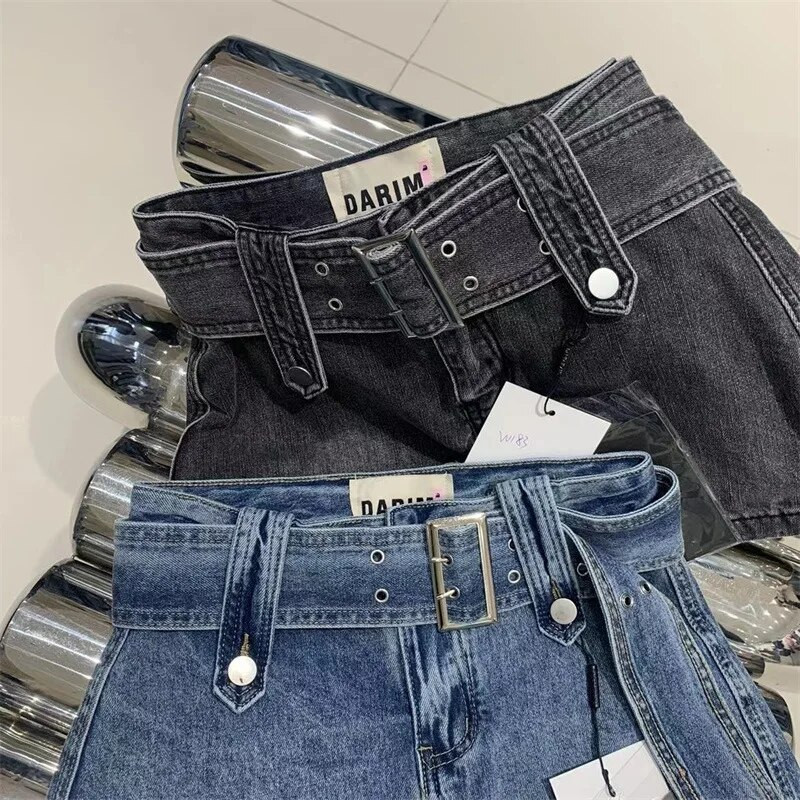 2023 m. vasaros mergaičių laisvalaikio džinsai, dviejų spalvų džinsinis sijonas su juosmeniu